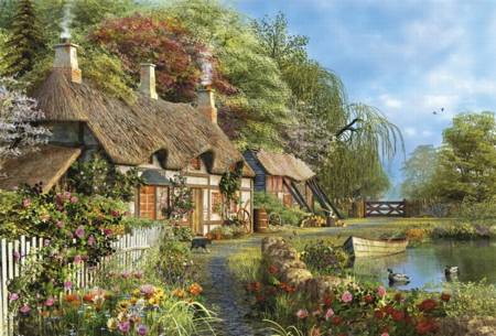 Wooden Jigsaw Puzzle - Riverside Home in Bloom (#620702) - 500 Wentworth