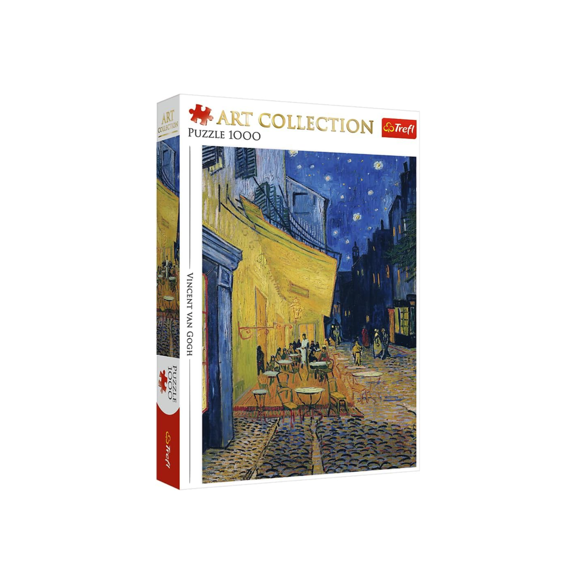 1000 piece Cafe Terrace at Night (Van Gogh) Puzzle Box with the image of a lively café under a starry night sky, featuring glowing golden lights, rich blue tones and the timeless beauty of Van Gogh’s celebrated artwork.