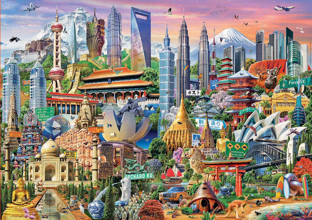 1500 puzzle piece. Static image of architectural wonders, this design celebrates the rich cultural heritage and remarkable beauty of Asia.
