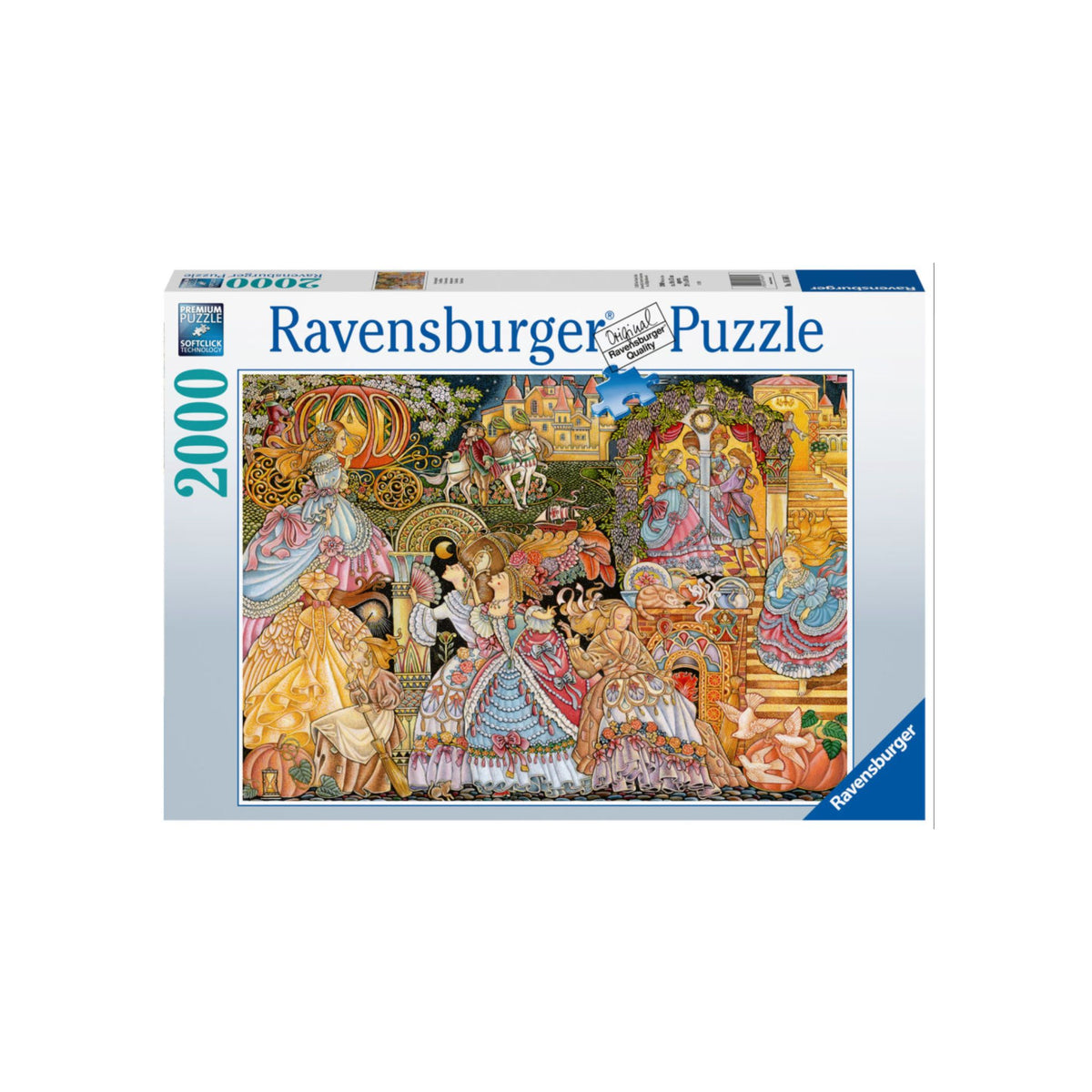 Enchanting Cinderella 2,000-piece jigsaw puzzle by Ravensburger. Featuring a beautifully intricate storybook illustration, this captivating design brings the beloved fairy tale to life with elegant gowns, magnificent carriages, charming horses and a grand castle setting.