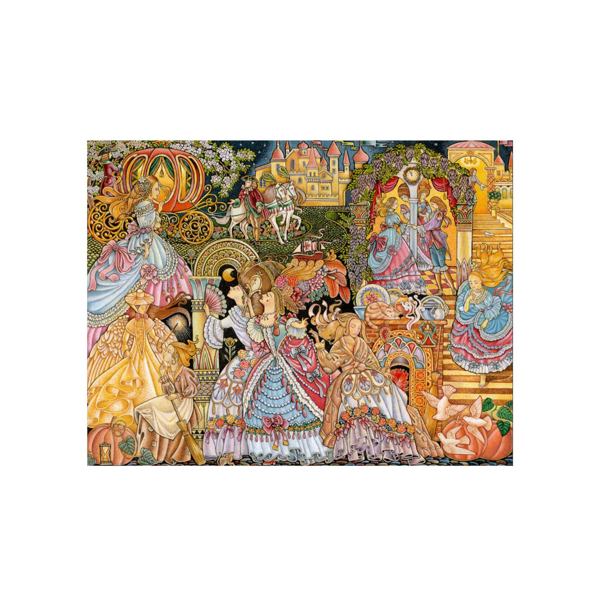 Enchanting Cinderella 2,000-piece jigsaw puzzle by Ravensburger. Featuring a beautifully intricate storybook illustration, this captivating design brings the beloved fairy tale to life with elegant gowns, magnificent carriages, charming horses and a grand castle setting.