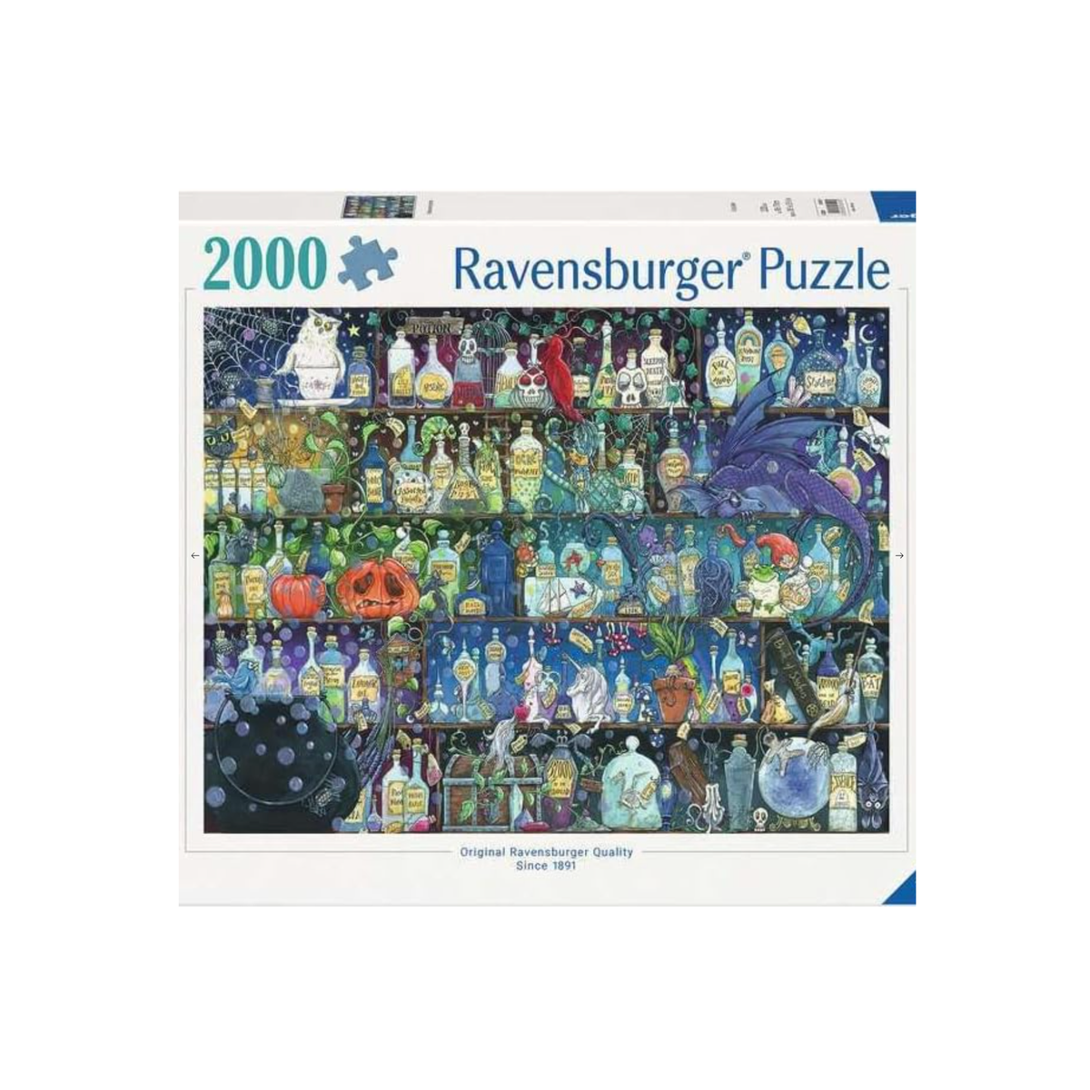 This enchanting design features an intriguing collection of potion bottles, magical ingredients, curious creatures and mysterious treasures tucked away in a fantastical apothecary. With vibrant colours and intricate details to discover, every piece brings a little more magic to life. A static image of the poisons and potions 2000 pcs puzzle by Ravensburger.
