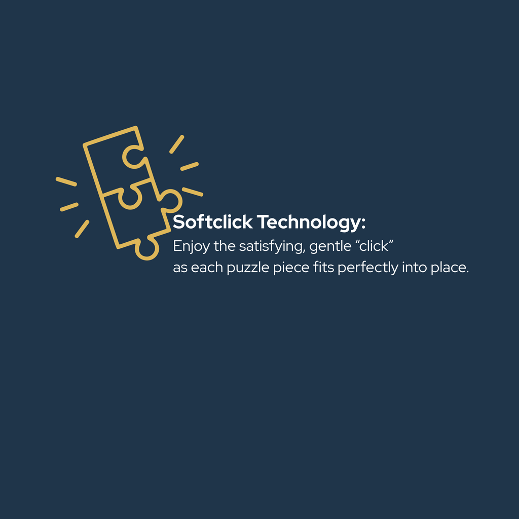 A static image of text saying the puzzle pieces have a gentle "click" as each puzzle piece fits into place. This is called Softclick technology.